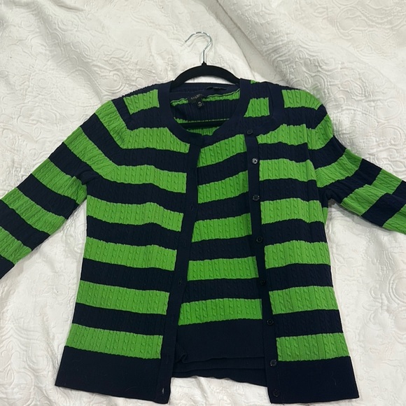 Talbots Navy and Lime Green Striped Cardigan Sweater - Picture 3 of 3